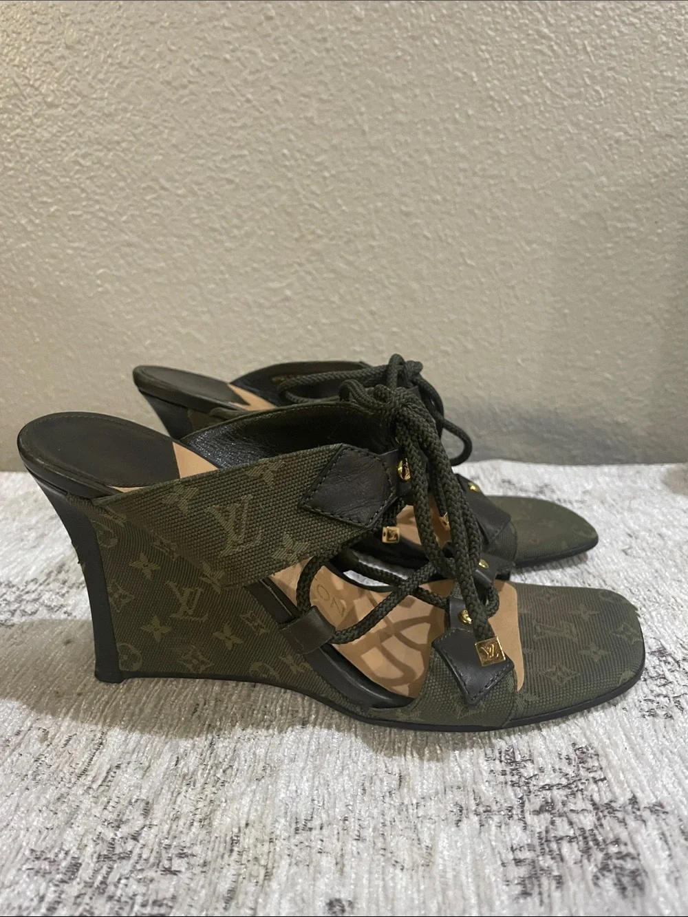 Louis Vuitton Olive Monogram Lace-Up Wedge Sandals with Gold Accents